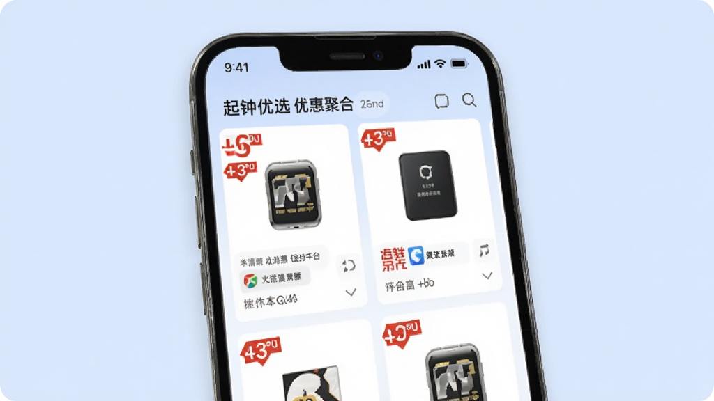 �ֻ���Ļ��չʾ��������ѡ���Żݾۺ�ҳ�棬�������ж����Ʒ��Ƭ�������У�ÿ����Ƭ�����ۿ۱�ǩ��ƽ̨��Դͼ�꣬����Ϊ���ǳ��ɫ��������ִ����������������ʸɾ��޶���Ԫ��