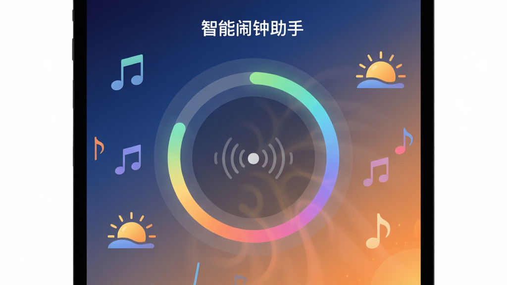���������ǡ������������֡�APP�Ľ����ͼ���廭��չʾһ��Բ�ε�������ǿ�������������ĵ�΢������������ɢ�������Ĳ�ɫ�⻷�����ֲ��þ����Ű棬��Χ������������̫�������ͼ�ꡣ���Ϊ��ƽ���Ƽ���UI��ƣ�ϸ�ڰ�����͵Ľ���ɫ���������������ɵ�ů��ɫ�������Ӻ�ҹ���峿��ת�䡣�����������ɾ����޶���Ԫ�ء�