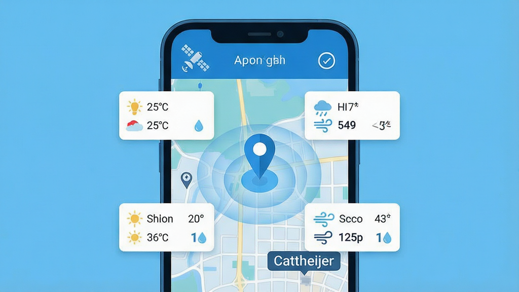 һ��չʾ����GPSȫ����ͼGPS��λ���ܵ�ʾ��ͼ����������Ϊ�ֻ���Ļ��ʾ��ͼ���棬��ͼ������ɫ��λ������ɢ���ƣ���λ����Χ�����¶ȡ�ʪ�ȡ����������ݿ�Ƭ������Ϊ�ֻ���Ļ��д���У����Ϊ�Ƽ�������ƽ����ƣ�ϸ�ڰ���GPS����ͼ�ꡢ����ˢ�°�ť�ͳ������Ʊ�ǩ�����������ɾ��޶���Ԫ��
