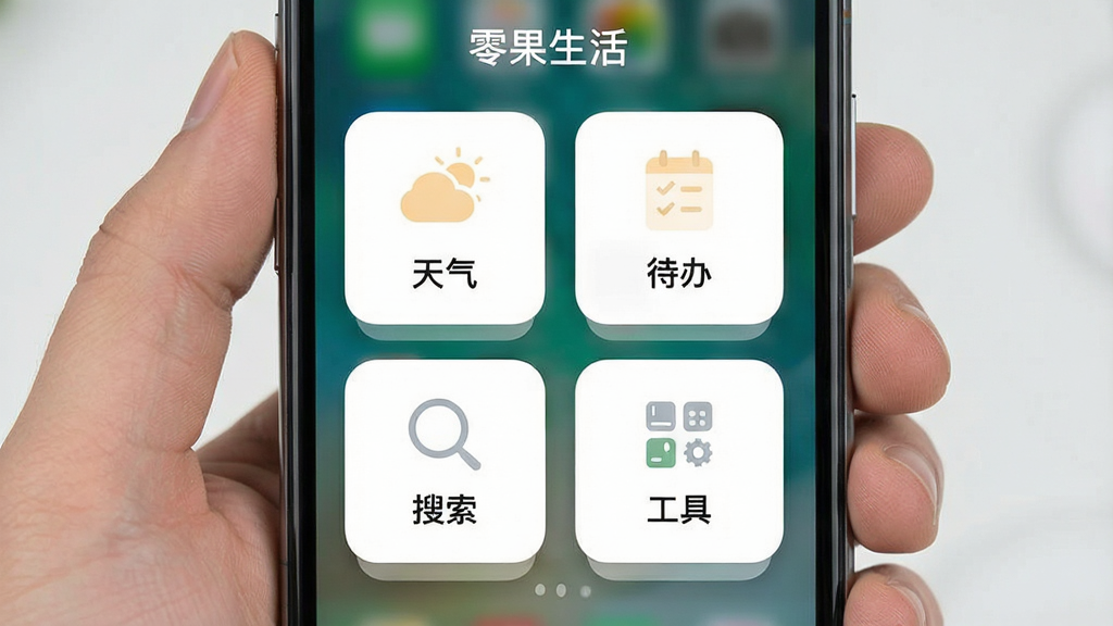一张“零果生活”App首页功能卡片排列的界面截图风格图片,画面主体为手机屏幕,屏幕内展示四个圆角卡片,分别标注“天气”“待办”“搜索”“工具”,卡片颜色为白底配浅色图标,布局为两行两列,风格为现代简约扁平化,细节包括卡片阴影和圆角,画质清晰,干净,无多余元素