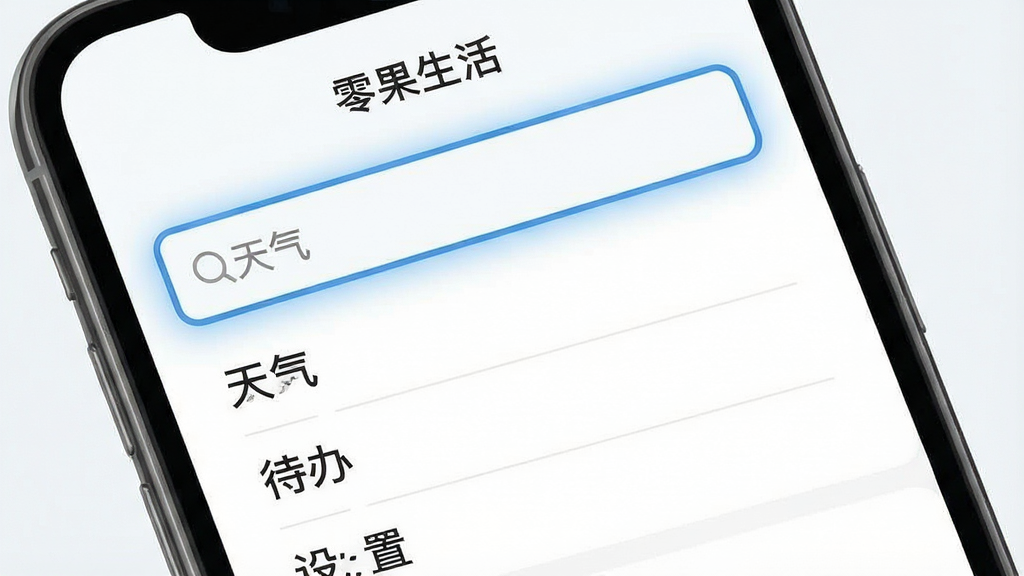 一张“零果生活”App内搜索框使用场景的示意图,画面主体为手机屏幕特写,屏幕内搜索框处于高亮状态,下方显示“天气”“待办”“设置”三条搜索建议,布局为上下结构,风格为清爽浅色UI,细节包括搜索图标和分割线,画质清晰,干净,无多余元素
