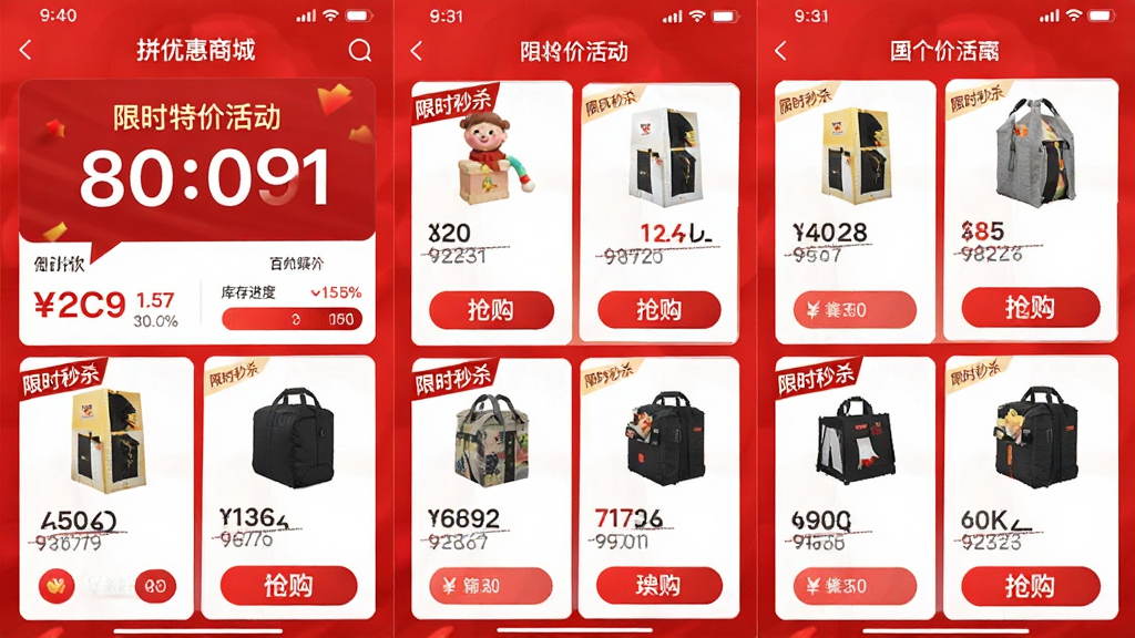 ƴ�Ż��̳�APP��ʱ�ؼۻҳ�棬����չʾһ����Ŀ�ĵ���ʱ�ƺͶ���ؼ���Ʒ��Ƭ����Ʒ��Ƭ���С���ʱ��ɱ����ǩ�ͻ��߼۸񡣲���Ϊ�����б������Ϊ�����ҳ���õĴ����ɫ��ϸ�ڰ�������������������ť�������������ɾ����޶���Ԫ�ء�