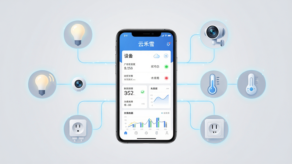 ����������һ�������ֻ�����Ļ����ʾ�š��ƺ�ѩ��APP����ҳ���棬�����а����豸�б���״ָ̬ʾ�ơ�����ͼ����Ԫ�ء��ֻ���Χ�����Ÿ��������豸ͼ�꣬�����ܵ��ݡ�����ͷ����ʪ�ȴ����������ܲ����ȣ�ͨ������ɫ�����������ֻ���������������������������Ϊ�ɾ���ǳ��ɫ���䣬���岼�ֲ��þ��й�ͼ�����Ϊ�ִ��Ƽ���ƽ���廭��ϸ�����豸ͼ�������΢�ķ���Ч���������������ɾ����޶���Ԫ�ء�