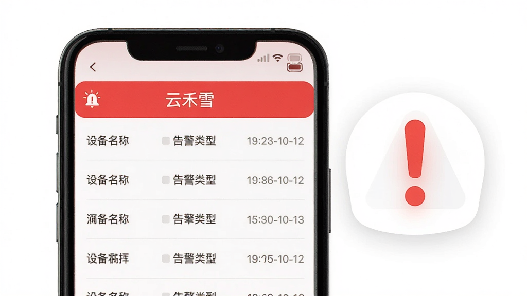 ����������һ���ֻ�����Ļ����ʾ���ƺ�ѩ��APP�ĸ澯֪ͨ���棬�����к�ɫ�ĸ澯������·��г������澯��¼��ÿ����¼�����豸���ơ��澯���ͺ�ʱ�䡣�ֻ��Ա���һ���Ŵ�ĸ澯ͼ�꣬���к�ɫ��̾�š�����Ϊ��ɫ�����岼�ּ�࣬���Ϊ�ִ�UI��ƣ�ϸ���ϸ澯��¼������΢�ķָ��ߣ������������ɾ����޶���Ԫ�ء�