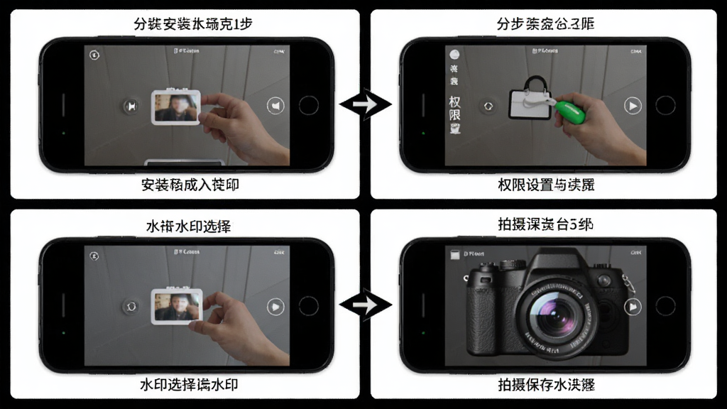 Mark Camera��������ƶ��˲�������ʾ��ͼ������Ϊ�ֻ�����ֲ�չʾ��װ��Ȩ�����á�ˮӡѡ�����㱣���ĸ����裬����Ϊ�ĸ�־��Ű棬���Ϊ�̳�ͼ�⣬ϸ�ڰ�����ͷָ���������ͼ�����ֱ�ע�����ʸ���ɾ����޶���Ԫ��
