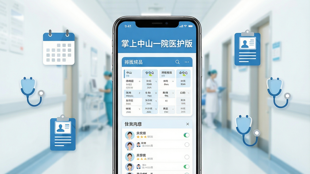 �����������һ��������ʾҽ�ư칫����������ֻ����ֻ���Ļ�ڳ����Ű���뻼���б��Ŀ�Ƭʽ���֣��Ϸ�����Ŀ���ֱ�ע