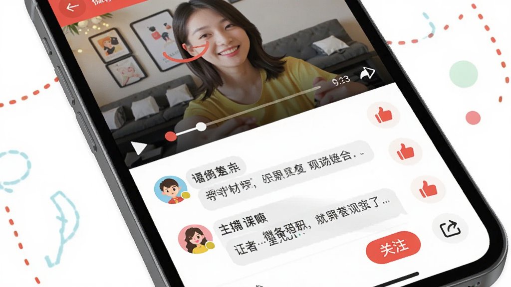 һ��չʾ΢���й�APP�罻�������ܵĳ���ͼ����������Ϊ�ֻ���Ļ����Ļ����ʾ��Ƶ���Ž��棬�·���������չ��״̬�������û�ͷ���������ֺ͵���ͼ�꣬����Ϊ���½ṹ���������Ѻã�ϸ�ڰ���