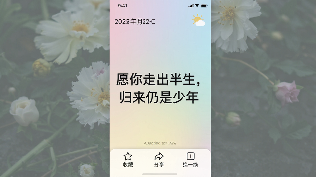 һ�š�һ�仰������¼��APP����ҳ��ͼ�����涥����ʾ���ں��������м��Ǵ��ֺ�չʾ����¼��Ը���߳������������������ꡱ���ײ����ղء���������һ������ͼ�갴ť�������ǵ��ŵĽ���ɫ�����岼�ּ��󷽣�������������񼫼�����