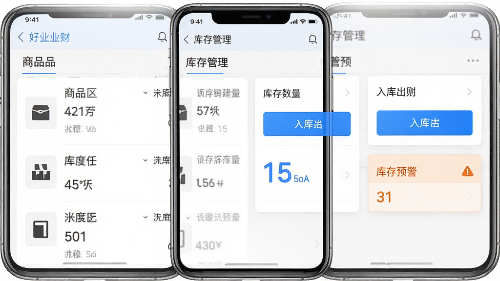 一张好业财进销存管理功能的界面截图,主体为手机屏幕展示好业财APP的库存管理页面,布局为手机居中展示,屏幕内包含商品列表、库存数量、入库出库按钮和库存预警提示,排版整齐,风格为简洁商务风,细节包括蓝色高亮按钮、白色卡片背景、清晰的数字和图标,画质高清,干净,无多余元素
