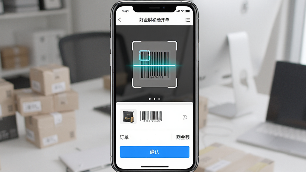 一张好业财移动开单与扫码功能的场景图,主体为手机屏幕展示好业财APP的扫码开单界面,布局为手机居中展示,屏幕内包含扫码框、商品条码、订单金额和确认按钮,排版简洁直观,风格为移动商务应用风格,细节包括扫描线、商品缩略图、蓝色操作按钮,画质高清,干净,无多余元素