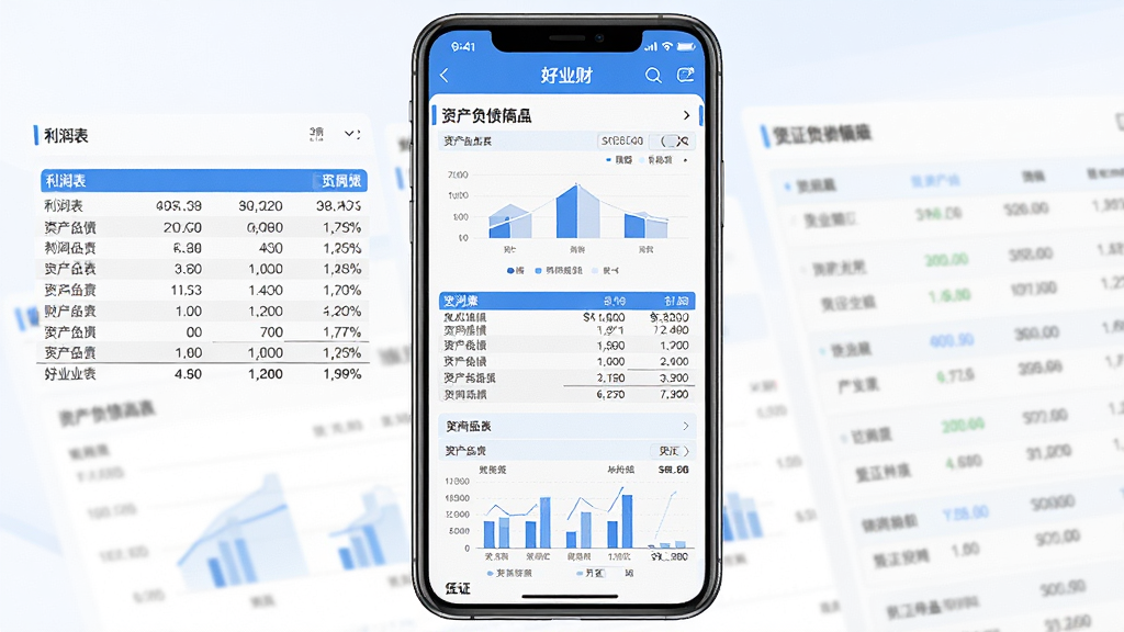 一张好业财智能财务核算功能的界面截图,主体为手机屏幕展示好业财APP的财务报表页面,布局为手机居中展示,屏幕内包含利润表、资产负债表摘要和凭证列表,排版层次分明,风格为现代财务软件风格,细节包括蓝白配色、数据表格、图表和金额数字,画质高清,干净,无多余元素