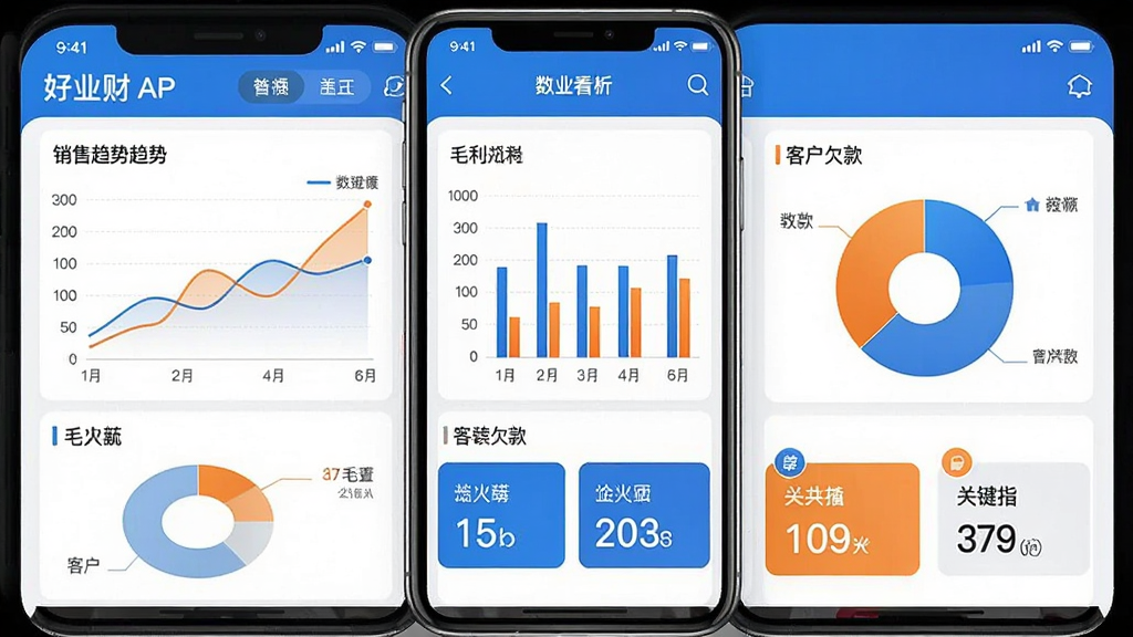 一张好业财经营看板与数据分析功能的界面截图,主体为手机屏幕展示好业财APP的数据看板页面,布局为手机居中展示,屏幕内包含销售趋势折线图、毛利柱状图、客户欠款饼图和关键指标卡片,排版清晰,风格为数据可视化商务风格,细节包括蓝橙配色、图表、数字和图标,画质高清,干净,无多余元素