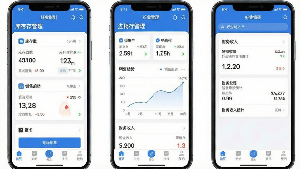一张展示好业财软件界面的手机应用截图,主体为手机屏幕中显示好业财APP的进销存管理看板,布局为居中手机正面展示,屏幕内包含库存数据卡片、销售趋势图、财务收入统计和底部导航栏,排版清晰简洁,风格为现代商务扁平化设计,细节包括蓝色主色调、白色背景、数据图表和图标按钮,画质高清,干净,无多余元素