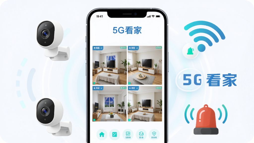 ��������չʾһ�������ֻ�����Ļ�ڳ��֡�5G���ҡ�Ӧ�õĶ�·��ػ��棬�ĸ�����ͷ�ӽ��������У����������������ֻ���Χ���Ƽ�������ͷ���ƴ洢ͼ�ꡢWi-Fi�źŲ����뾯��������Ԫ�ء�������ñ�ƽ���Ƽ��������Ϊ��ɫ������׺����ɫ�߹⡣�����ɾ���࣬���������֡�5G���ҡ������ɼ�����ͼ����ƽ�⣬�ʺ���������վ��ͼ�����ʸɾ����޶���Ԫ�ء�