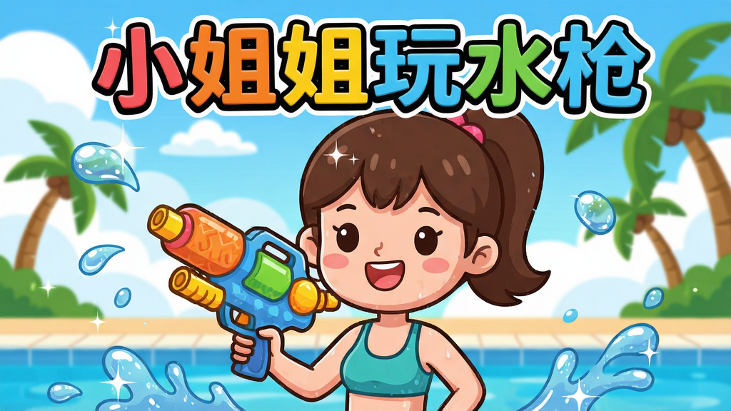 ��ͼ��һλ��ͨ����С����ɫ�ֲֳ�ɫˮǹ��վ������Ӿ�رߣ�ˮ���Ľ���������������ƺ�Ҭ����������������Ŀλ��д�š�С�����ˮǹ�����������岼��Ϊ��ɫ���С��������Ϸ������Ϊ���¿�ͨ�廭��ϸ�ڰ���ˮ�鷴�⡢��ɫЦ����ˮǹ�������������ʸ���ɾ��޶���Ԫ��