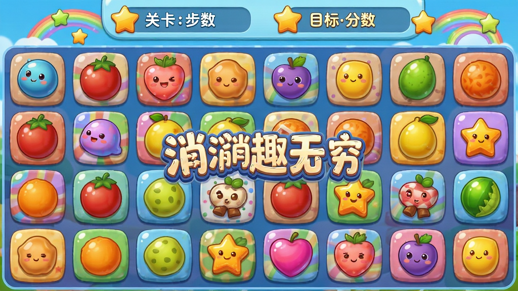 ��������������Ȥ������Ϸ�����棬����Ϊɫ���ͷ׵Ŀ�ͨˮ���������г�����״�����ֲ��þ��жԳ�ʽ��ͼ���Ű��Ϸ���ʾ�ؿ�������Ŀ����������Ϊ���������������ϷUI��ϸ�ڰ���Բ��ķ���ͼ�ꡢ��͵Ĺ�ӰЧ����������ʺ��׺�����ʸ���ɾ����޶���Ԫ�أ�ͼƬ�д�����