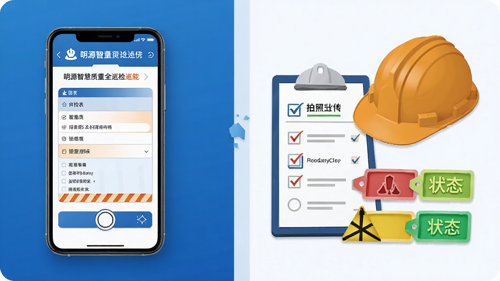 ��Դ�ǻ۹���������ȫѲ�칦��ʾ��ͼ������չʾ�ֻ���Ļ��Ѳ������������ϴ����棬�Ա����а�ȫñ������嵥�������״̬��ǩ��Ԫ�أ�����Ϊ���ҷ��������Ϊдʵ���ƽ��ϵĿƼ��磬ϸ��ǿ����ɫ���ɫ��ʾɫ���䣬���ʸ��壬�ɾ��޶���Ԫ��