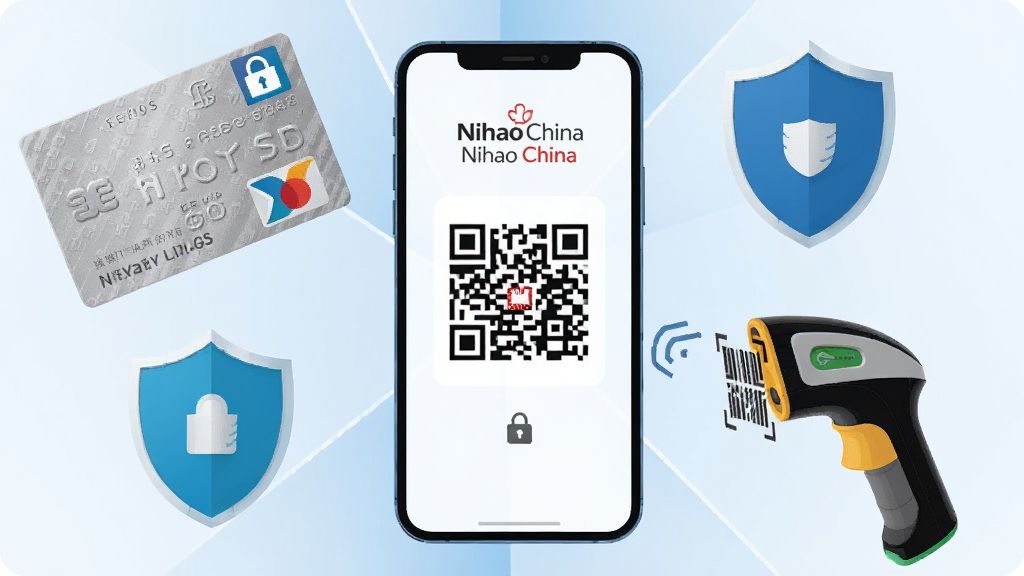 һ��չʾ Nihao China ֧�����ܵĲ�ͼ����������Ϊһ���ֻ����ֻ���Ļ��ʾ֧����ά����棬��Χ�����������������ư�ȫͼ�ꡢ�̻�ɨ��ǹ��Ԫ�ء����ֲ������ķ���ʽ��ͼ������ƽ���Ƽ��У�ϸ�ڰ�����Ƭ��������ά����������ȫ��ͼ�꣬�����������ɾ����޶���Ԫ�ء�