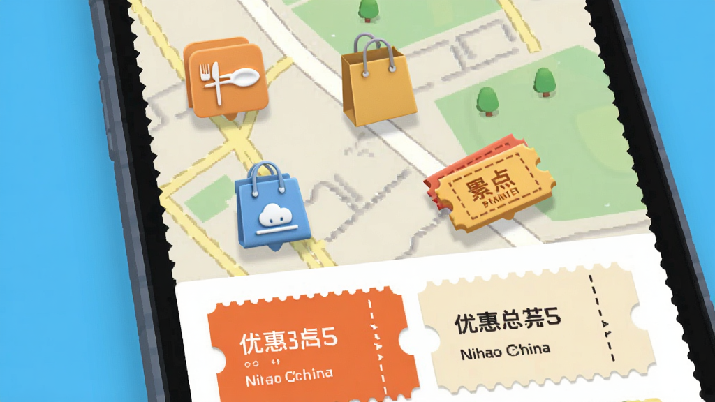 һ��չʾ Nihao China ��������ָ�Ϲ��ܵĲ�ͼ������Ϊ�ֻ���Ļ��ʾ��ͼ���棬��ͼ�ϱ�ע�в������������������Ʊ��ͼ�꣬��Ļ�·����Ż�ȯ��Ƭ������Ϊ���ӵ�ͼ�ӽǣ�������������ϸ�ڰ�����ͼ��·������ͼ������С��Ż�ȯ��ݱ�Ե�������������ɾ����޶���Ԫ�ء�