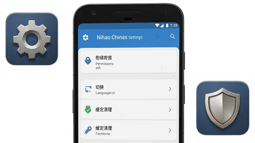 һ��չʾ Nihao China Ӧ���ڰ�׿�ֻ�������״̬��ʾ��ͼ������Ϊ�ֻ���Ļ��ʾӦ�����ý��棬�����а���Ȩ�޹����������л�������������ѡ��ֻ��Ա��г���ͼ��Ͷ���ͼ�ꡣ����Ϊ�ֻ����У�ͼ�껷�ƣ����Ƽ���࣬ϸ�ڰ�����������������ͼ���ʸУ����ʸɾ����޶���Ԫ�ء�