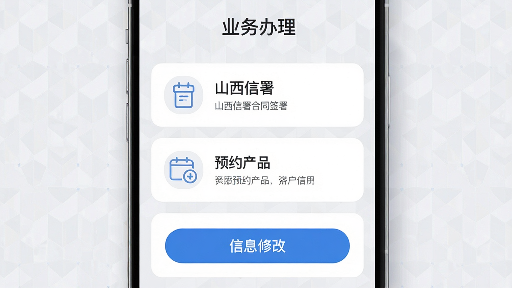 ��������Ϊ��ɽ�����С�App��ҵ�����ҳ�棬չʾ��ͬǩ��ԤԼ��Ʒ����Ϣ�޸ĵȰ�ť������Ϊ�����б�ʽ��ÿ������ģ������ͼ��ͼ��˵�����Ű��������Ϸ��С�ҵ����������⣻���Ϊ�����Լ�磬��ɫ��ǳ�ҡ���ɫ����ɫΪ����ϸ���ϰ�ť��Բ����ƣ�ͼ��������࣬�����е����ļ���ͼ��װ�Σ����ʸ��壬�ɾ����ࡣ