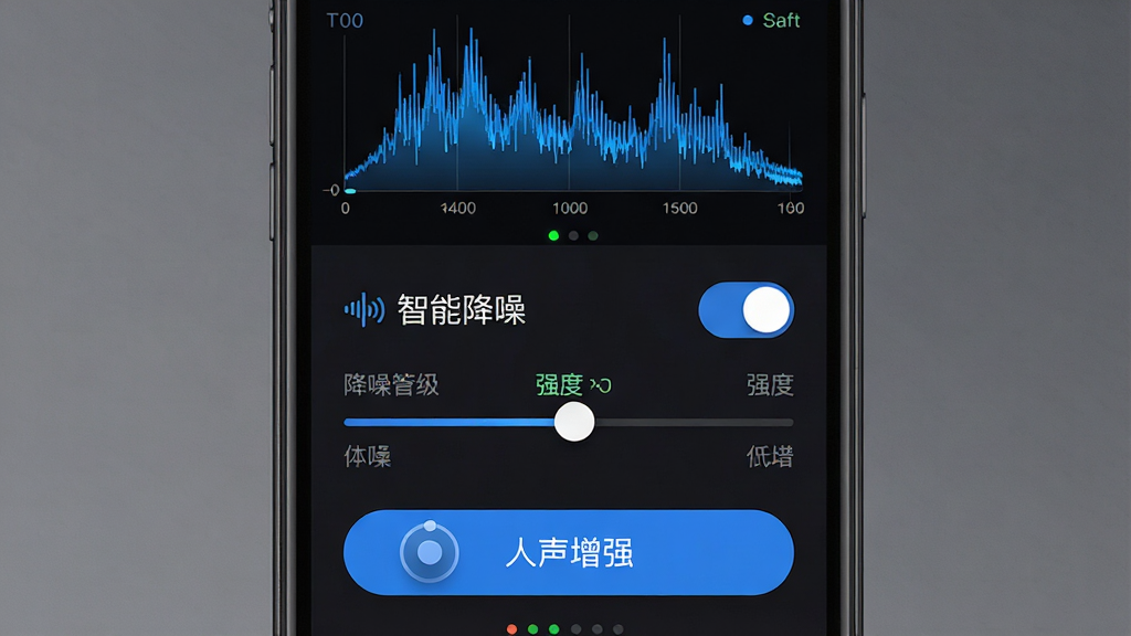 Techmi App ʵʱ������ǿ���ܽ����ͼ������Ϊ�ֻ���Ļ��ʾ�������ӻ�ͼ���뽵��ȼ����ڻ��飬����Ϊ���½ṹ���Ϸ��ǻ�������Ƶ��ͼ���м��ǡ����ܽ��롱������ǿ�Ȼ��飬�·���������ǿ��ť���Ű��࣬���Ϊ��ɫģʽ�Ƽ��У�ϸ�ڰ�����ɫ����������Բ�ε�����ť��״ָ̬ʾ�ƣ����ʸ��壬�ɾ����޶���Ԫ��