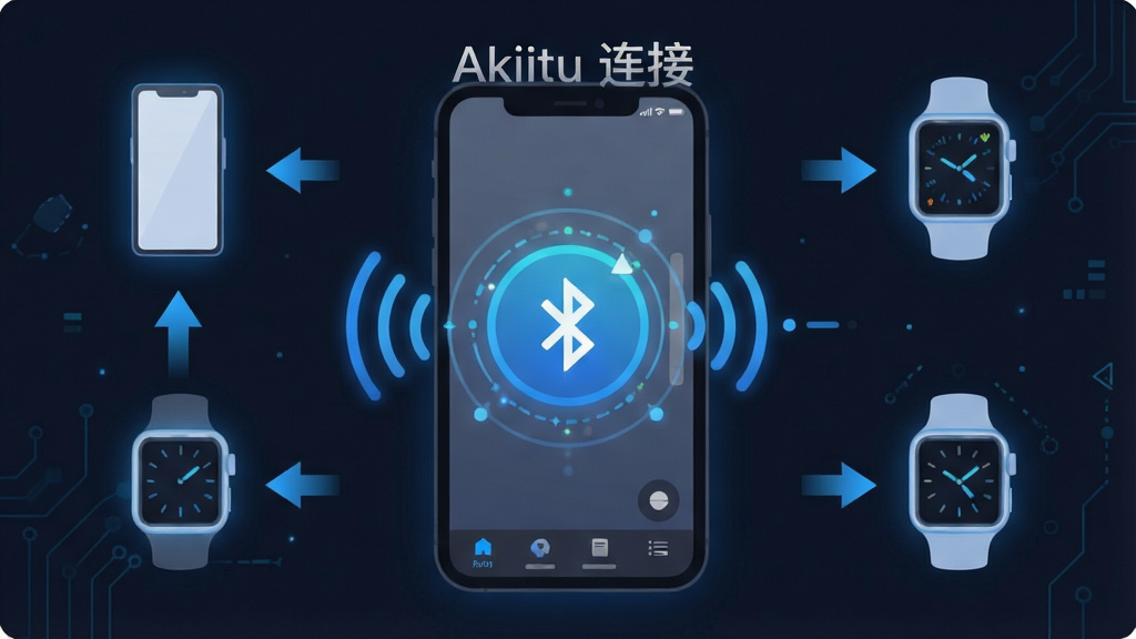 һ��չʾAkiitu�����豸���ӹ��ܵĽ���ͼ������Ϊ�ֻ��������ֱ�ͨ���������ӵ�ʾ��ͼ����������Ϊ���ӳɹ���������Χ�����豸ͼ�������ͬ����ͷ���Ű�Ϊ���жԳƣ����Ϊ��ƽ���Ƽ��У�ϸ�ڰ�����ɫ��Ч���ֱ��������ֻ��������źŲ��ƣ����ʸ���ɾ����޶���Ԫ�أ������б�ע���֡�Akiitu ���ӡ�