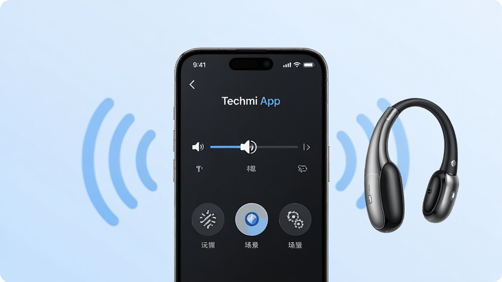 ��������չʾһ�������ֻ�����Ļ����ʾ��Techmi App�������������ƽ��棬������������ͳ���ģʽͼ�ꡣ�ֻ���Χ�����������źŲ��ƺ�һ��ʱ�еĶ���ʽ������������Ϊ��͵�ǳ��ɫ���䣬���ּ�࣬����ִ��Ƽ��У�ϸ�����������ʸ��壬�ɾ��޶���Ԫ�ء�