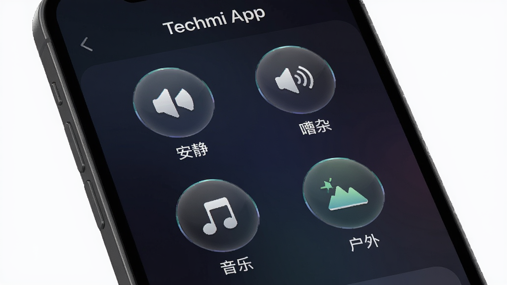 �ֻ���Ļ��д����ʾ��Techmi App���ĳ���ģʽѡ����棬���ĸ�Բ��ͼ��ֱ�������������������ӡ��������֡��������⡱��ͼ����ƾ���������Ϊ��ɫ���䣬����ִ�������ϸ�壬�ɾ��޶���Ԫ�ء�