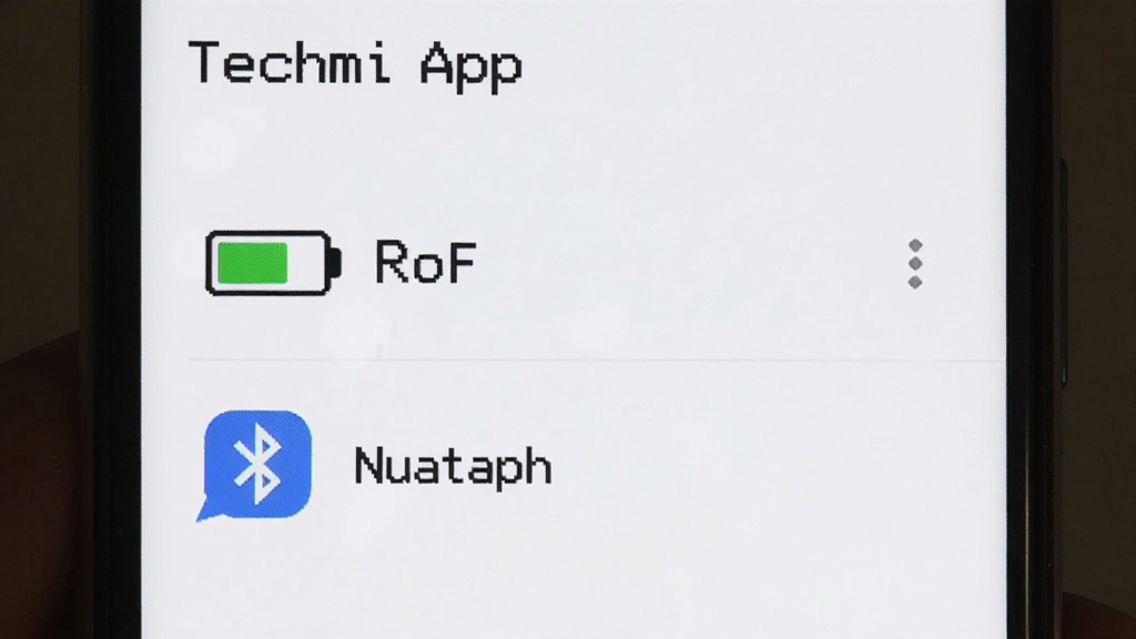 �ֻ���Ļ��ʾ��Techmi App�����豸״̬ҳ�棬�е��ͼ����ʾ��������������ͼ��͵�ǰ�������ơ����沼������������Ϊ��ɫ������࣬�����������޶���Ԫ�ء�