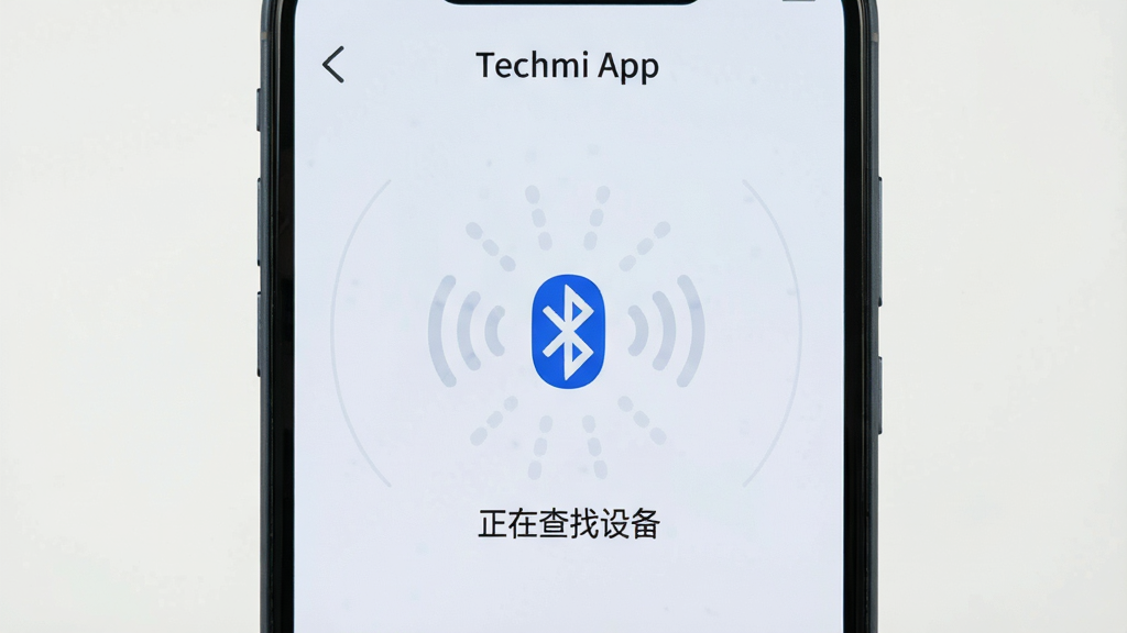 �ֻ���Ļ��ʾ��Techmi App���������򵼽��棬���������������͡����ڲ����豸������ʾ���֡�����Ϊǳɫ������࣬�����������޶���Ԫ�ء�