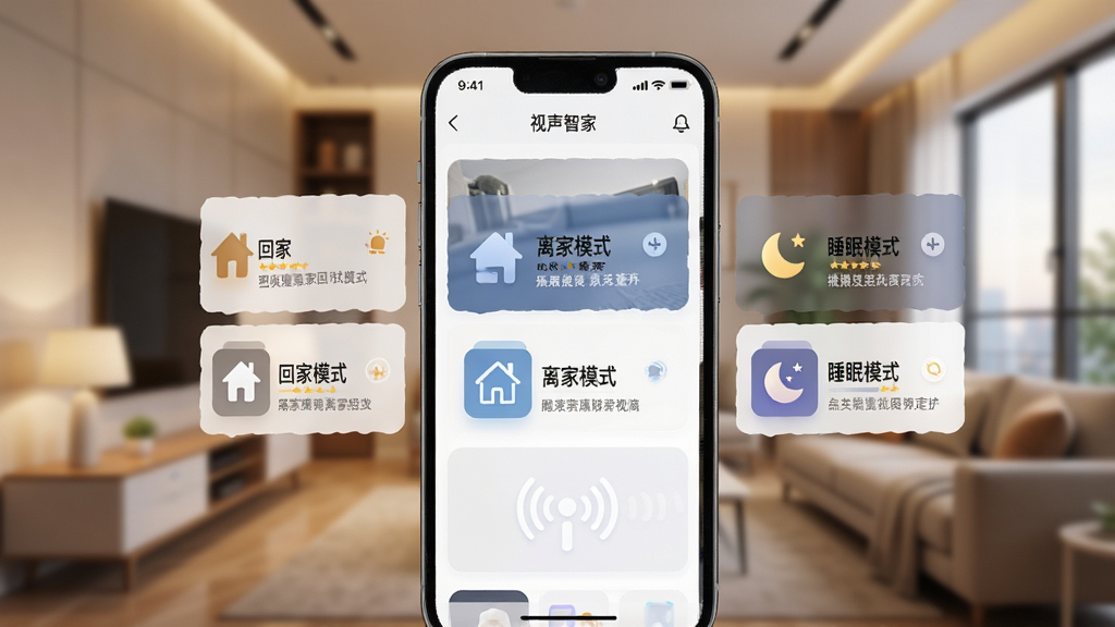 �ֻ���Ļչʾ�������Ǽҡ�APP�ĳ������ý��棬�������С��ؼ�ģʽ�������ģʽ����˯��ģʽ���ȳ�����Ƭ��ÿ�ſ�Ƭ���ж�Ӧ��ͼ��ͼ�Ҫ˵���������黯Ϊ�ִ��Ҿӻ����������ܰ�Ƽ����Ű�������ϸ�ڷḻ�����ʸɾ����޶���Ԫ�ء�
