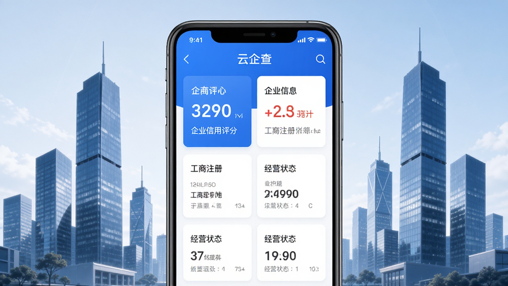 ������ֻ�Ӧ�������棬��������չʾһ����ɫ������ҵ��Ϣ��ѯAPP����Ļ����ʾ��ҵ�������֡�����ע����Ϣ����Ӫ״̬�����ݿ�Ƭ���������ִ����ĳ�������¥���Ӱ�������רҵ��ϸ�����������ʸ��壬�ɾ��޶���Ԫ��