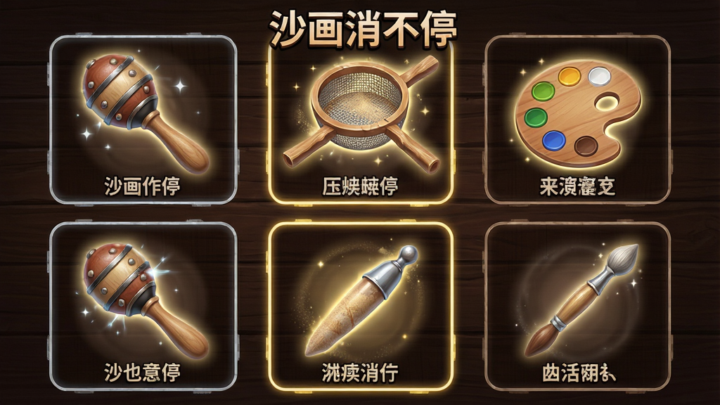 ��������Ϊɳ������ͣ��Ϸ�еĵ��߽��棬չʾɳ����ɸ������ɫ�̵ȹ���ͼ�꣬ÿ�����ߴ��з�����Ч����������ɫľ�����棬���ֲ��þŹ������У����Ϊ��ϷUIдʵ���ϸ�ڰ������ߵĽ�����ľ���ʸС�ͼ���·�������˵����ѡ��״̬�ĸ����߿򣬻����пɼ������֡�ɳ������ͣ��������Ϊ2K���壬�ɾ��޶���Ԫ��