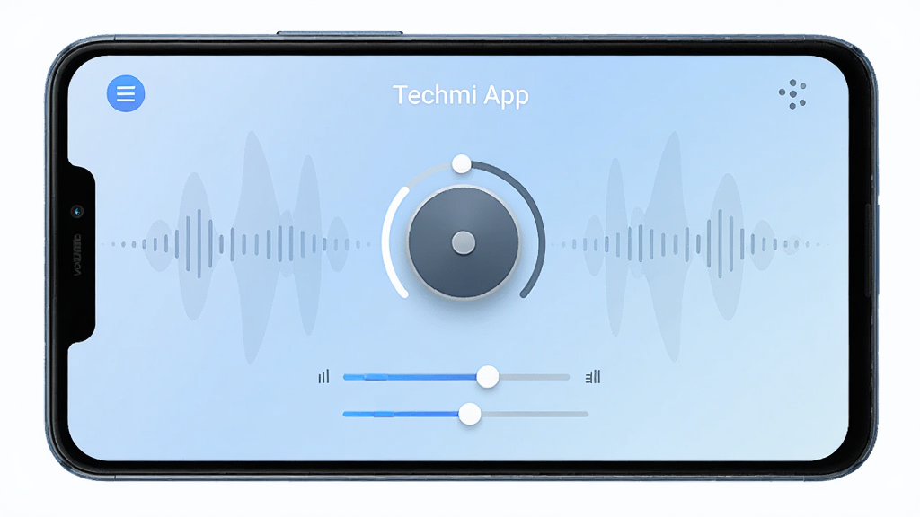 һ����׿�ֻ���Ļ��ʾTechmi App�����棬��������������������ť�;��������飬����Ϊ��͵�ǳ��ɫ���䣬��Χ�����Ű�͸�����������������沼�־��жԳƣ�����ִ���Լ��ϸ�ڰ���Բ��ͼ������������ֱ�ǩ��Techmi App���������������ɾ����޶���Ԫ��