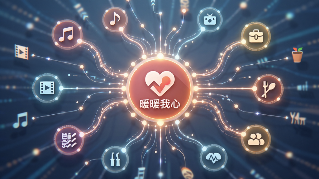 一张抽象的数字网络连接图,中心是“暖暖我心”的图标,向外延伸出许多线条连接着代表音乐、电影、旅行、美食等兴趣图标的小圆圈。布局为放射状,风格科技感与温暖感结合,细节有发光的节点和流动的光线,画质清晰,干净,无多余元素