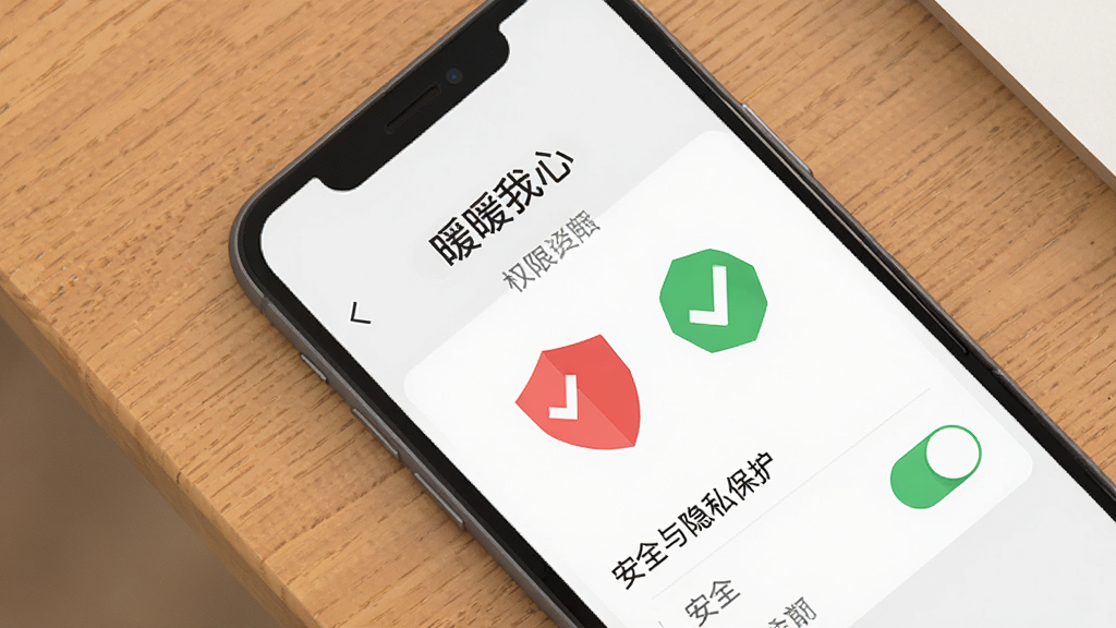 一部手机放置在桌面上,屏幕显示“暖暖我心”的权限设置界面,旁边有一个红色的盾牌图标和绿色的对勾图标,代表安全与隐私保护。布局为俯视角度,风格扁平化设计,细节有清晰的文字标签和开关按钮,画质清晰,干净,无多余元素
