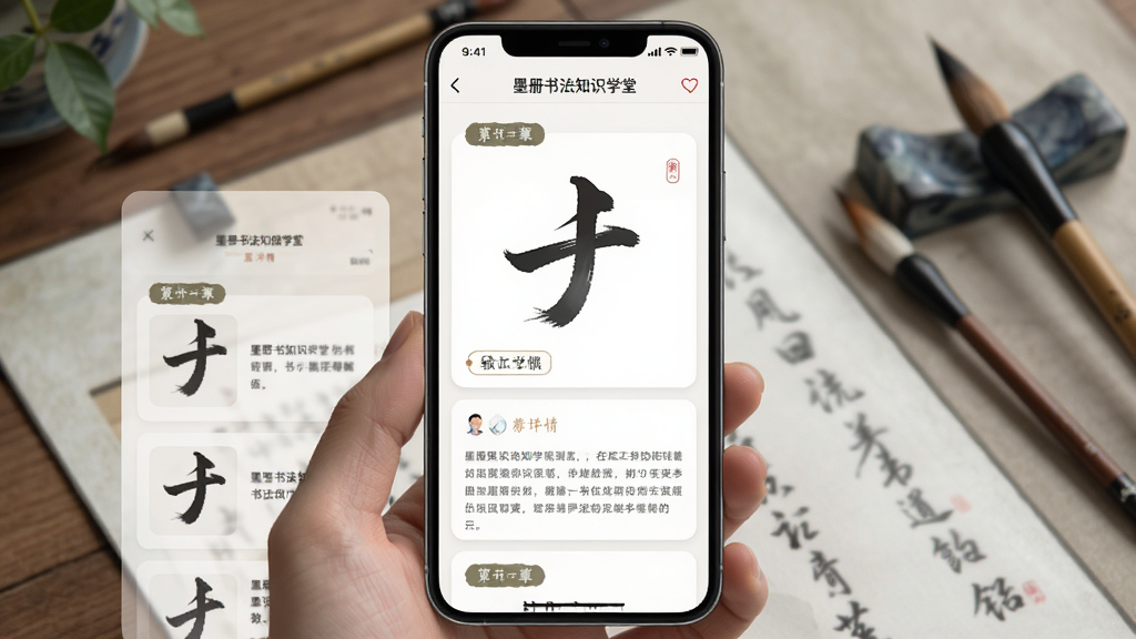 ī���鷨֪ʶѧ�ý��棬�ֻ���Ļչʾ�鷨�̳������б�������ҳ�������ʻ�ʾ��ͼ�����ֽ��⣬����Ϊ��Ƭʽ��Ϣ�����У�����������գ�ϸ�ڰ���ë�ʱʴ���ͼ���½ڱ�ǩ�����ʸ��壬�ɾ����޶���Ԫ��