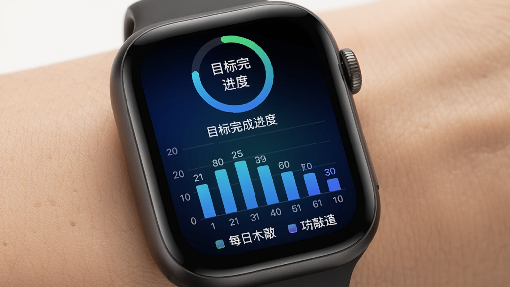 智能手表屏幕显示手表木鱼功德统计页面,柱状图展示每日敲击次数,顶部有目标完成进度环,背景为深蓝色渐变,排版简洁,风格为数据可视化,细节包含数字标签与图例,画质清晰,干净,无多余元素