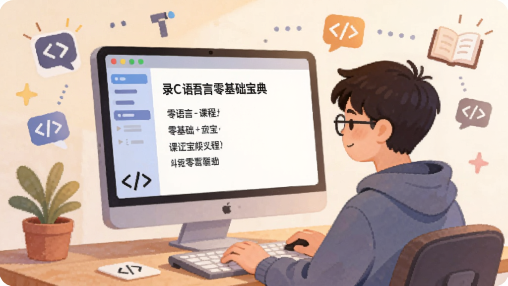 һ��չʾC�������������ѧϰ����Ĳ廭��������һλ��ѧ�����ڵ���ǰ����Ļ����ʾ��C�������������Ŀγ�Ŀ¼����ΧƯ���Ŵ�����ź�֪ʶͼ�꣬�����ܰ��־��ɫ����ͣ����������ɾ����޶���Ԫ��