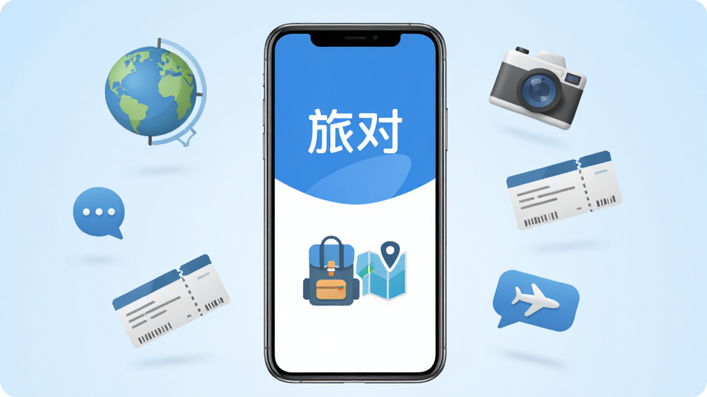 画面中央放置一部智能手机,手机屏幕上显示“旅对”APP的启动界面,界面以蓝白色调为主,上方有“旅对”文字标识,下方有旅行背包和地图的简约图标。手机周围漂浮着地球仪、相机、机票、聊天气泡等旅行元素,背景为浅蓝色渐变,整体风格清新简洁,排版居中对称,画质清晰干净,无多余元素。