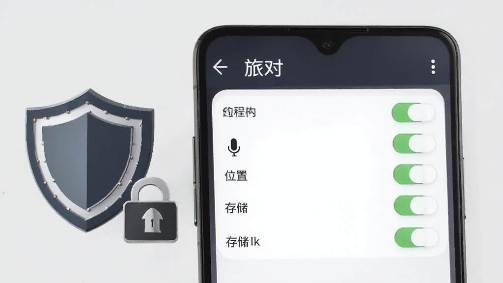 一部手机屏幕显示“旅对”APP的权限设置页面,页面中相机、麦克风、位置、存储等权限开关清晰可见,部分开关处于开启状态。手机旁边放置一个盾牌图标和锁形图标,背景为浅灰色,风格简约,画质清晰,无多余元素。