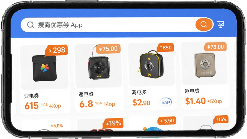 �Ե��APP�����棬�ֻ���Ļչʾ�����Ż�ȯ�����б����������������·����ж�����Ʒ��Ƭ�����ۿ۱�ǩ�ͷ�������ɫ���ɫΪ��ɫ��������������࣬��ƽ����Ʒ��ϸ�ھ��£����ʸɾ����壬�޶���Ԫ��