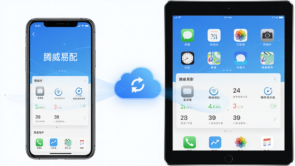一张展示腾威易配多端同步功能的图片,画面是手机和平板并排显示相同的数据界面,中间有云朵图标连接,风格为科技简约风,细节包括屏幕上的文字'腾威易配'和同步图标,画质清晰,干净,无多余元素