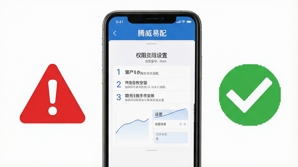 一张展示腾威易配新手操作指引的图片,画面是手机屏幕显示安装步骤和权限设置界面,旁边有红色警告图标和绿色对勾图标,风格为教学示意风,细节包括屏幕上的文字'腾威易配'和步骤数字,画质清晰,干净,无多余元素