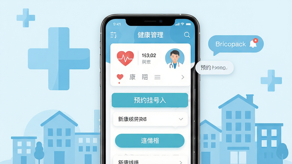 新康线应用主界面展示,画面中央放置一部智能手机,屏幕显示健康管理仪表盘与预约挂号入口,背景为浅蓝色医疗十字与社区楼宇剪影,布局简洁明了,排版采用上下结构,风格为现代扁平化医疗风,细节包含心率图标、家庭医生头像、消息通知气泡,画质高清,干净,无多余元素