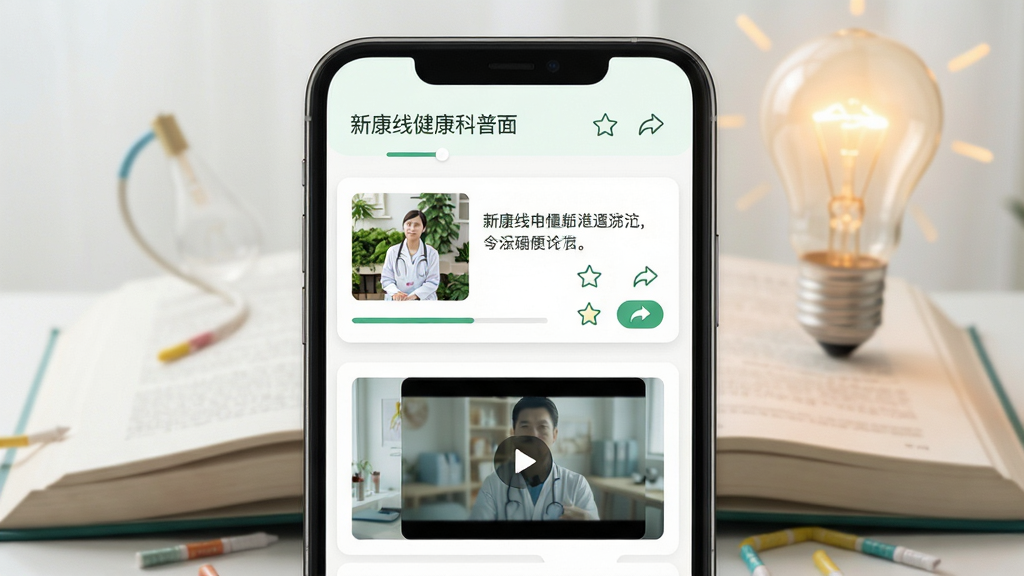 新康线健康科普页面展示,画面为手机屏幕显示图文资讯流与视频封面,背景有打开的书本与灯泡元素,布局为上下滑动卡片式,排版左侧缩略图右侧标题,风格为清新知识风,细节包含阅读进度条、收藏星标、分享按钮,画质高清,干净,无多余元素
