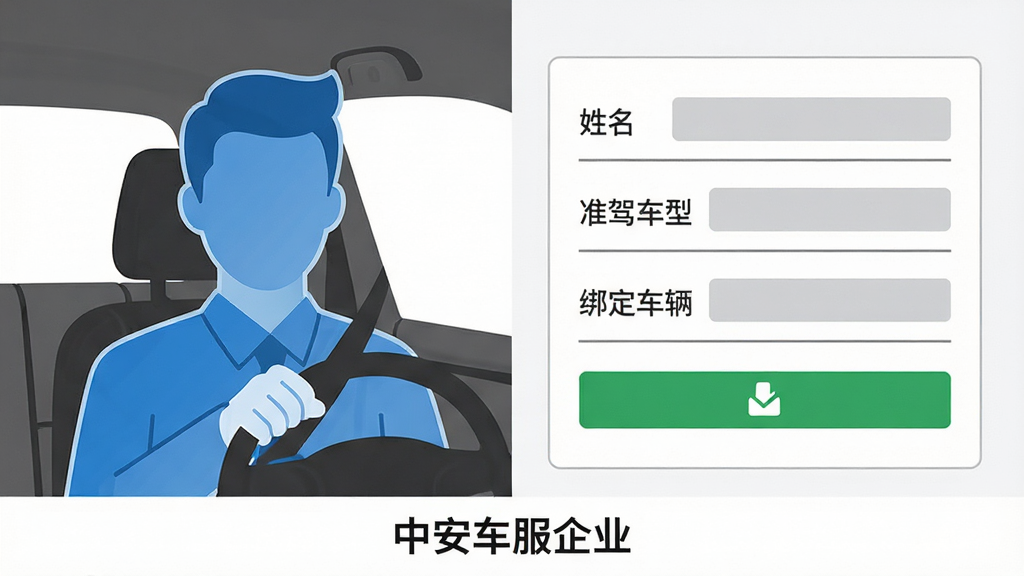 ����Ϊһλ��ʻԱ�복����Ϣ��Ƭ����ϻ��棬���ֲ������ҷ��������Ϊ��ʻԱ������Ӱ���Ҳ�Ϊ��Ϣ���������Ű��ϱ�������������׼�ݳ��͡��󶨳�������ռλ���ݣ����Ϊ��������ƽ�廭��ϸ�ڰ�����ɫ������������ɫ������������ɫȷ�ϰ�ť������ײ����б�ע