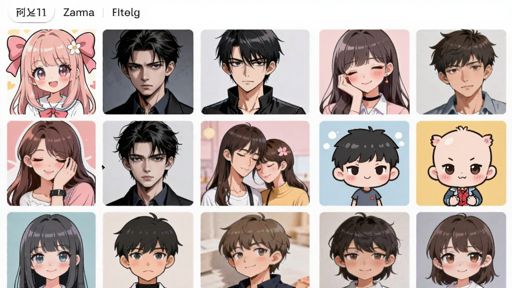 一个展示漫画头像风格模板库的手机截图,画面中是一个网格布局的模板选择界面,每个格子里展示不同风格的漫画头像示例,包括可爱女生、冷酷男生、情侣款、Q版萌系等,界面设计清新简洁,分类标签清晰可见,画质为高清,干净无杂乱元素