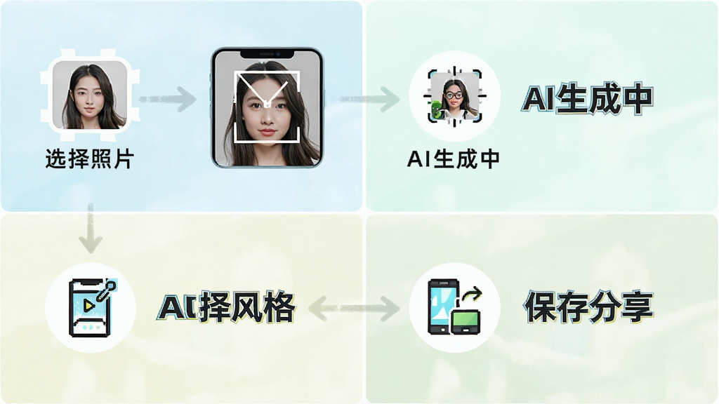 一张展示手机端漫画头像制作步骤的流程图,画面分为四个部分,依次是选择照片、选择风格、AI生成中、保存分享,每个步骤配有简洁的图标和文字说明,整体风格清新明快,背景为浅色,画质高清,干净无多余元素
